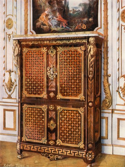 Staande Secretaire in Parketwerk van Diverse Houtsoorten, met Ormolu-Gemonteerde Rozetten, enz. door Edwin John Foley